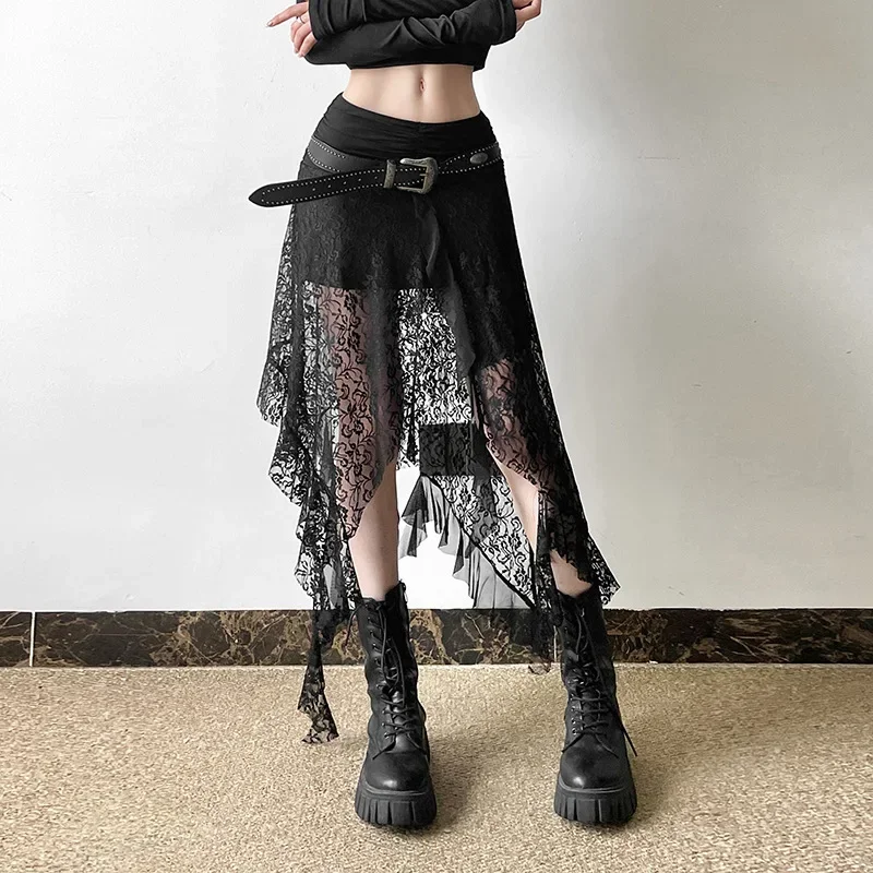 2025 New Vintage Dark Punk Irregular Hem Lace Patchwork Mid Skirts Gothic Retro Women's Streetwear Fairy Slim Pleat A-line Skirt