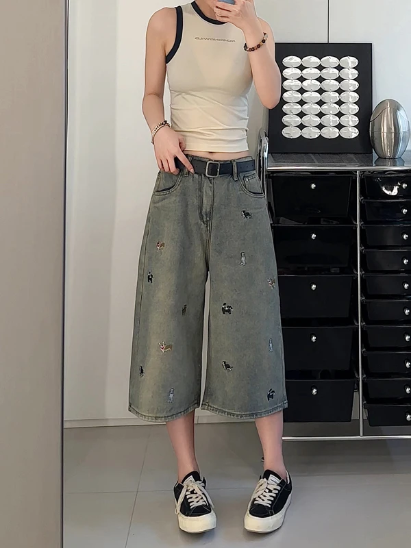 

Детские забавные широкие джинсы с вышивкой собаки, свободные прямые утягивающие джинсы на семь футов, мужские и женские летние джинсовые тройники со средней талией