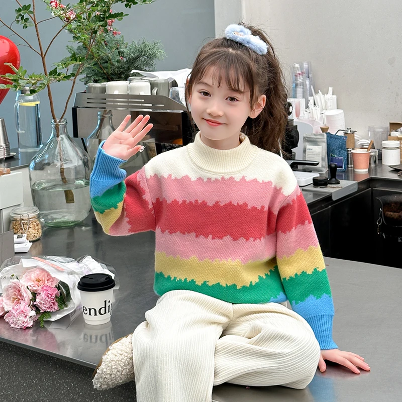귀여운 소녀 다채로운 무지개 줄무늬 스웨터, 귀여운 아기 키즈 니트 의류, 패션 어린이 하이 스트리트 니트웨어, 4-14 세