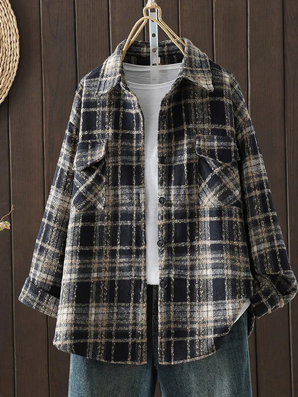 Retro Style Loose Fit Midi Shirt Women's plus Size Fashionable Collar Jacket Top Elegant Plaid Long Sleeve Autumn Outerwear