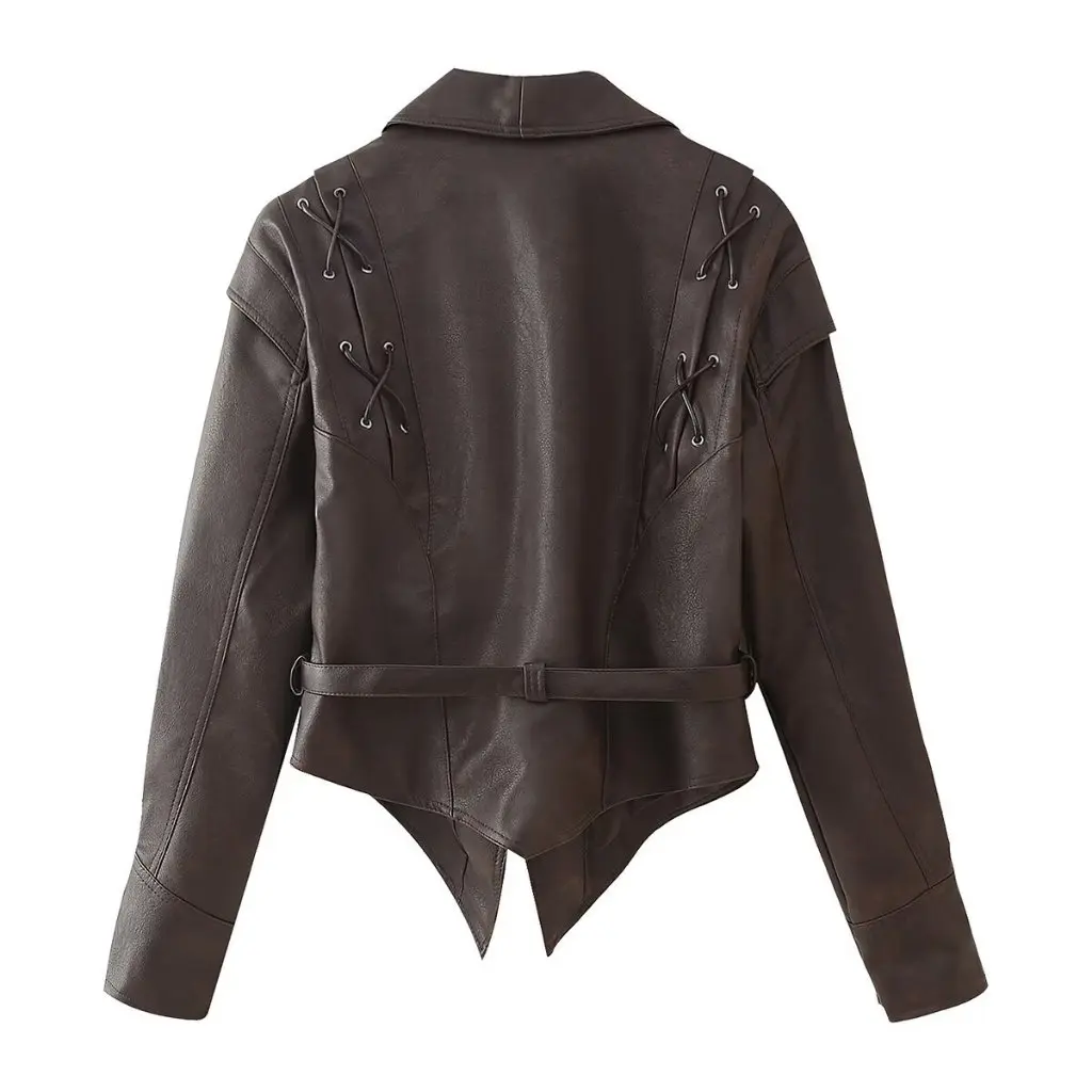

Spring Women's Elegant V-neck Slim-fit Imitation Leather Jacket Solid Color Stitching European American Style Coat