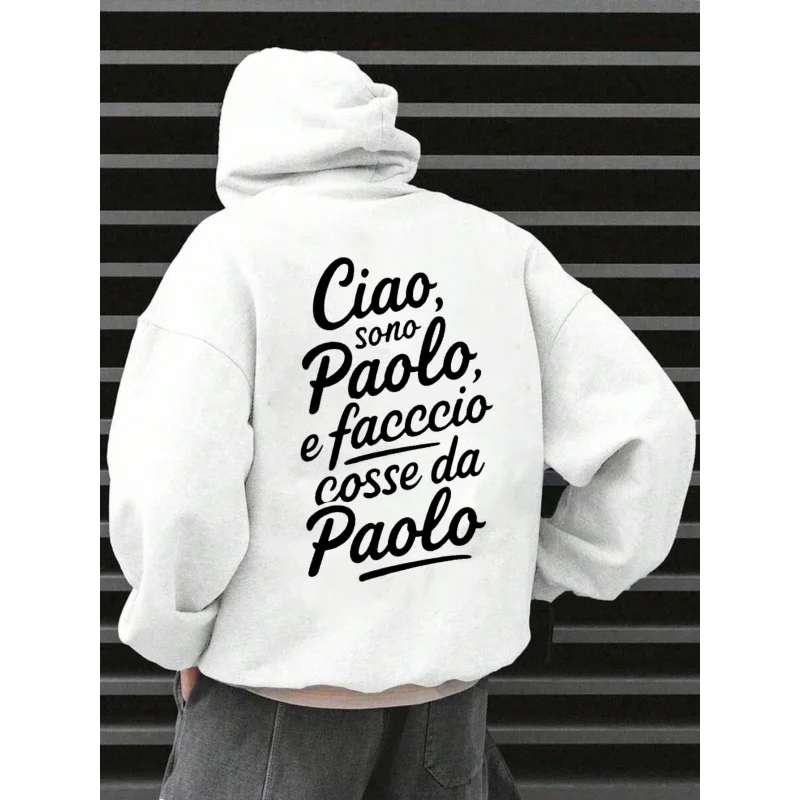 سويت شيرت رجالي بغطاء للرأس باللون الأبيض من Ciao Sono Paolo مطبوع عليه نص عالي الجودة من القطن ملابس غير رسمية للارتداء اليومي والأزياء