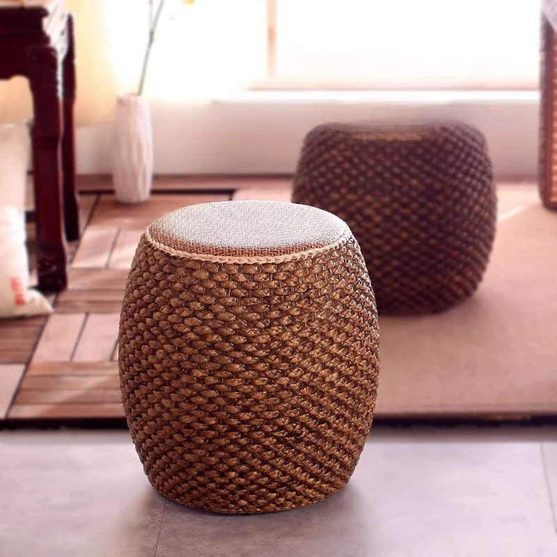 

Handwoven Rattan Stool OttomanSolid Wood Frame Boho Poof for Indoor Outdoor Use,Living Room Floor Cushion,Coffee Table Footstool