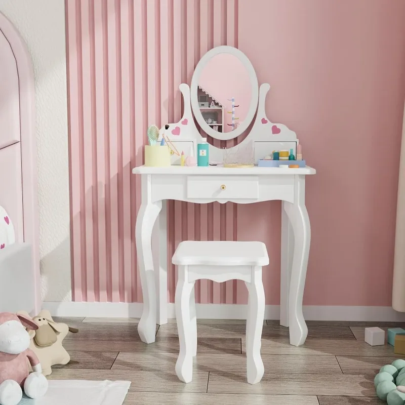 Kids Vanity Set with 3 Drawers and Real Mirror, Princess Vanity Table and Chair Set, with Rotatable Mirror for Girls