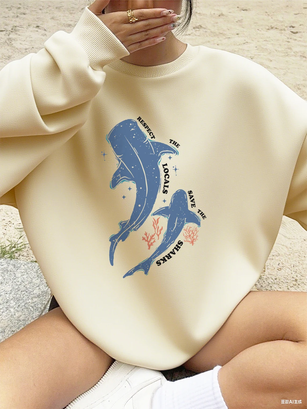 حماية الحوت المحلي يطبع البلوز المرأة أساسيات فضفاضة هوديس الصوف الدافئة Crewneck الملابس عارضة مريحة امرأة قمم