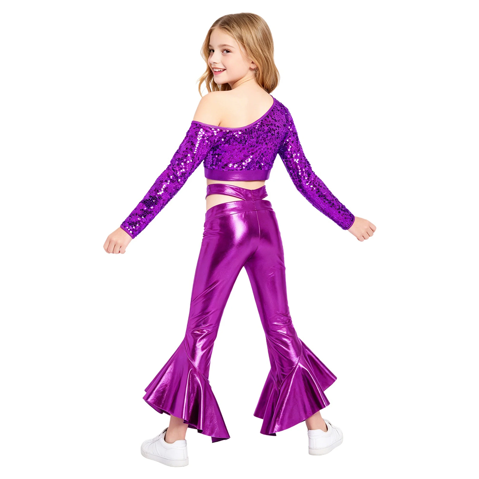 Kids Girls Metallic Jazz Hip Hop Street Dance Costume Long Sleeve Sequins Crop Top with Shiny Flared Pants for Stage Performance