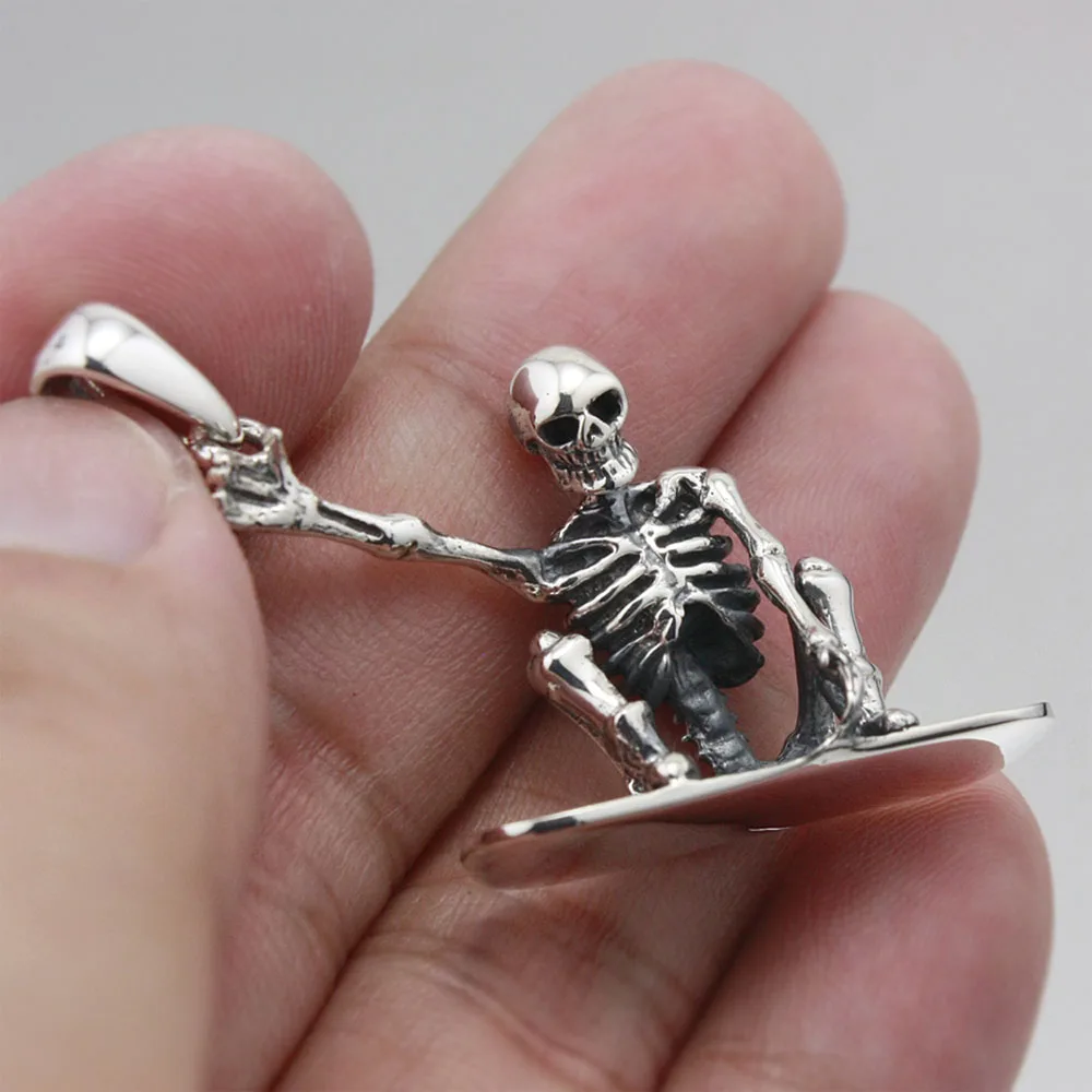 Sky Surfing Surf Skull Skeleton 925 Sterling Silver Biker Pendant Punk Jewelry 8B018