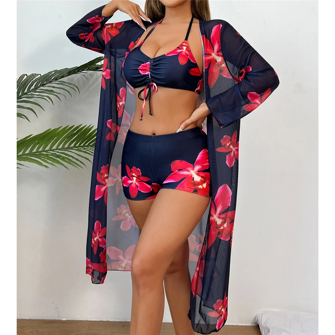 S - XL Langarm-Bikini mit Blumenmuster, Damen-Badeanzug, dreiteiliges Bikini-Set, Damen-Bademode, Badeanzug, Schwimmanzug V7232 – Detail 2