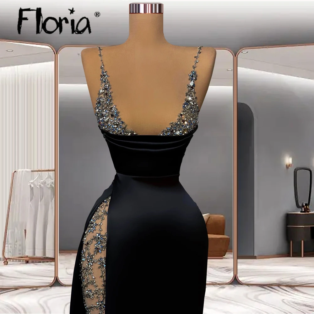 Spring 2023 Black Sexy Evening Dress Beaded Spaghetti Strap Backless Party Gowns for Women Cocktail Night Custom Made