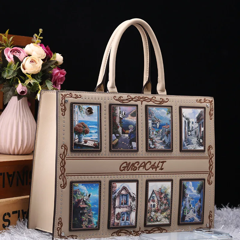 

Винтажная и роскошная сумка через плечо с нежной современной картиной и вышивкой. Классическая и новая модная сумка для вечеринки.