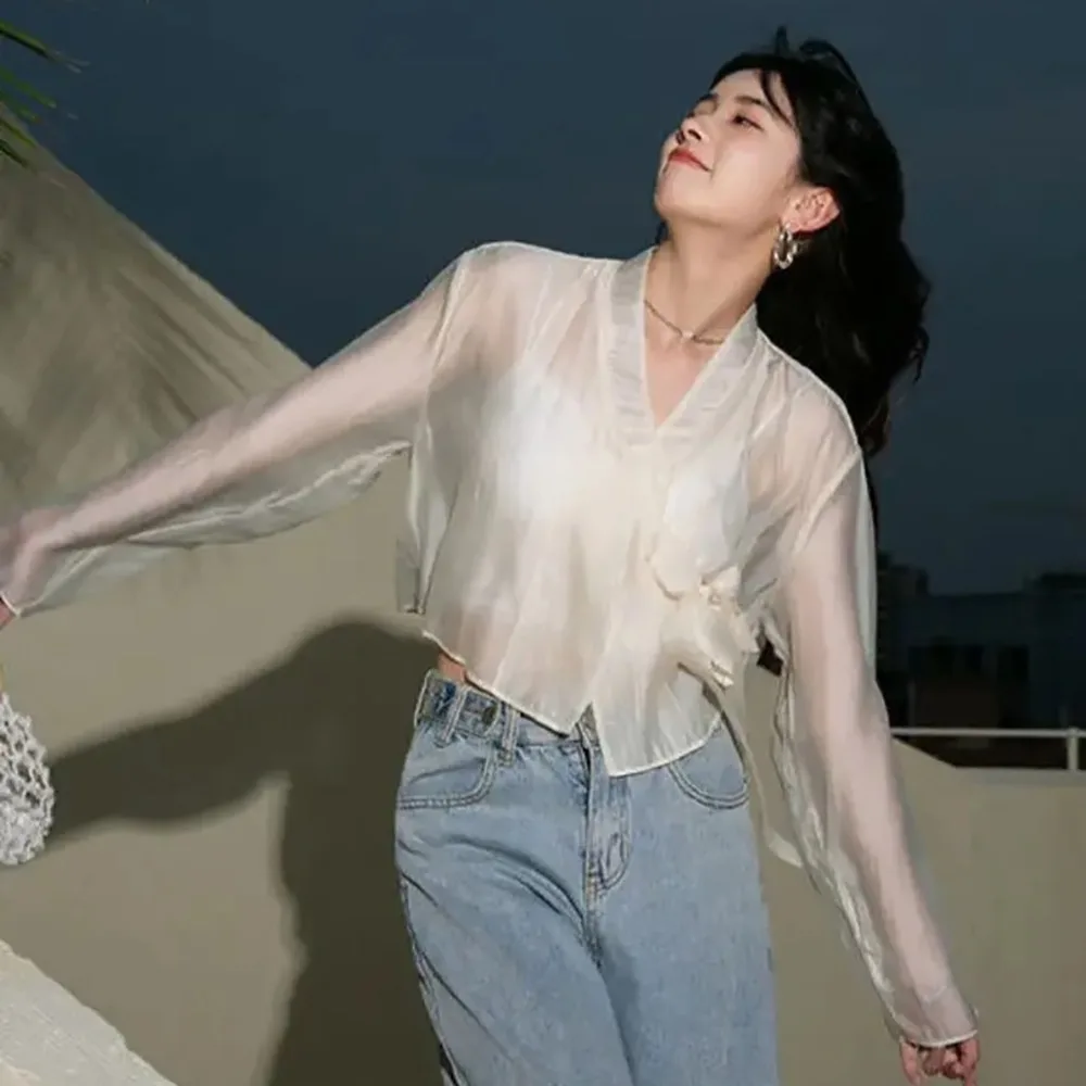 Hanfu Style Modal Ice Silk Shawl Sheer Long Sleeve Sun Protection Cardigan V-Neck Open Front Outerwear Summer Season