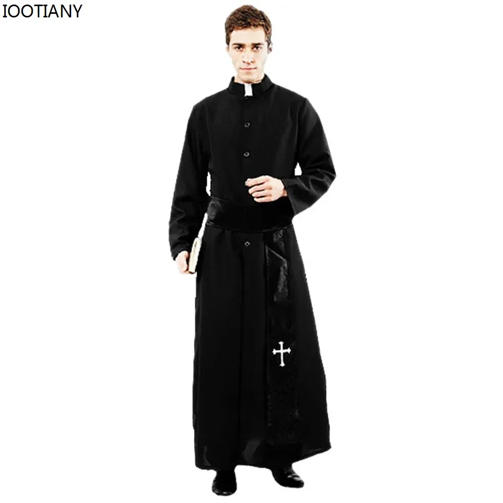 Cosplay hommes pasteur religieux père Costumes adulte noir Noble prêtre Costume Halloween pourim fête Mardi Gras déguisement