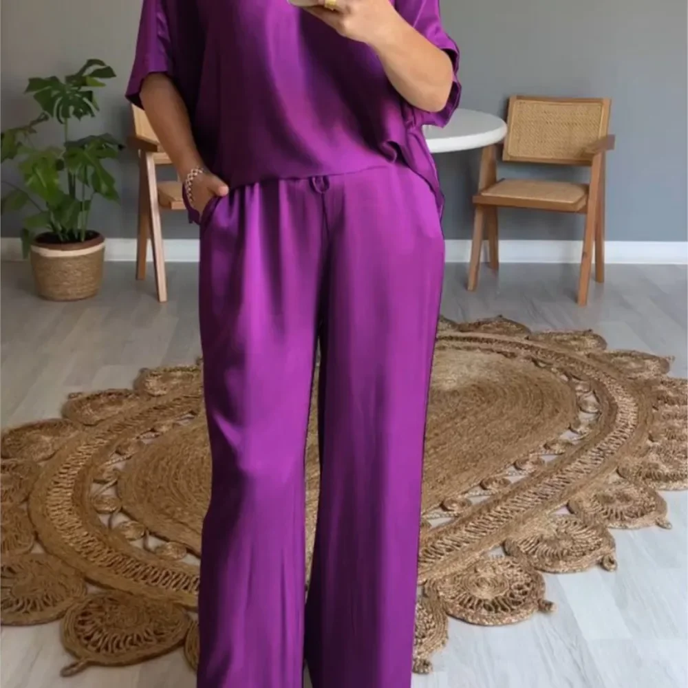 Traje elegante de satén para mujer, de manga corta Camiseta holgada, pantalones de pierna ancha con cintura elástica, conjunto de 2 piezas, verano y