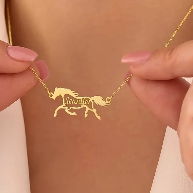 

Custom Galloping Horse Name Necklace For Men Women Stainless Steel Animal Tag Pendant Necklace Personalized Jewelry Gift