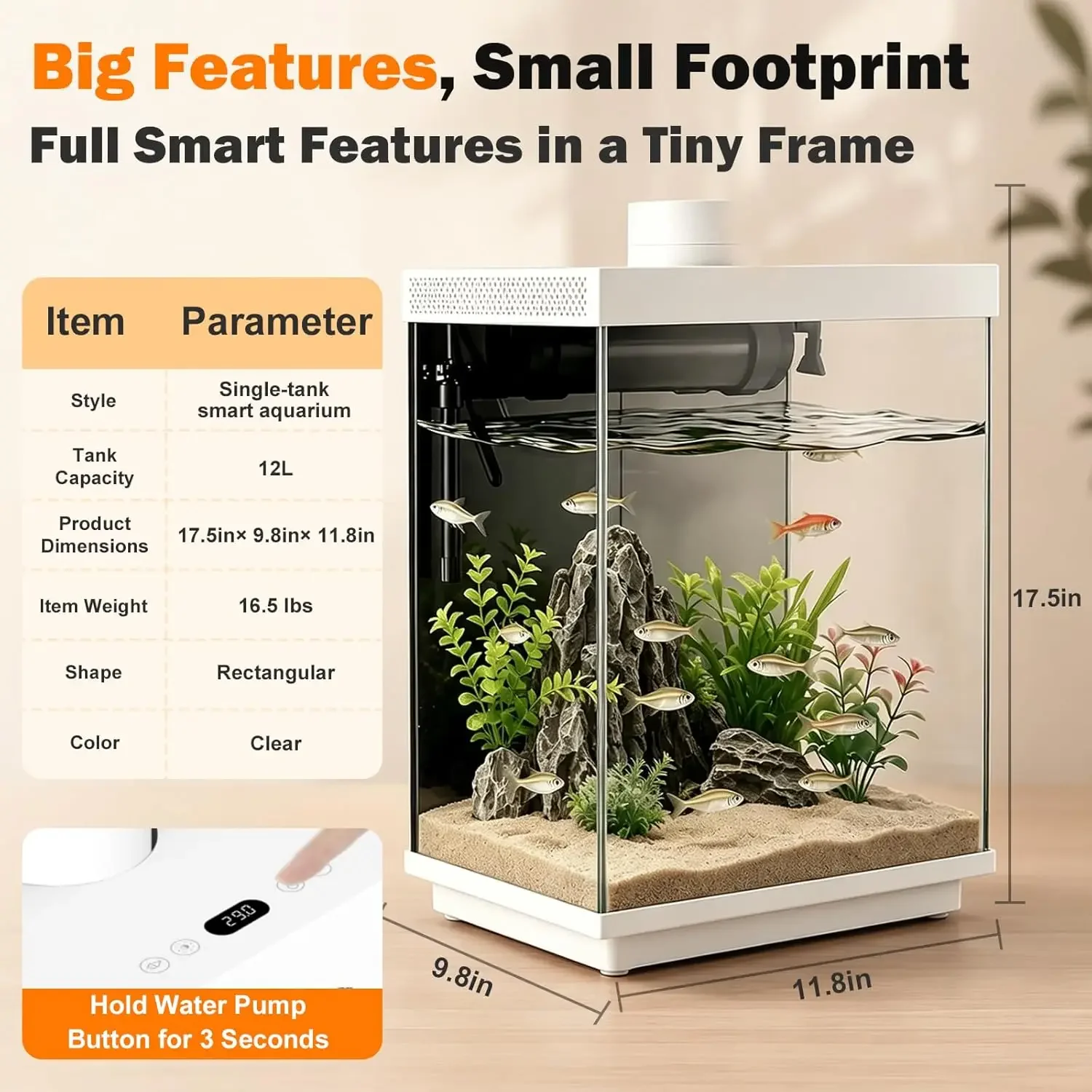 5 Gallon Smart Aquarium Kit, APP Control, Auto Feeder, LED Light, Self-Cleaning Filter, Glass Desktop Tank for Betta/Tetra/Goldf