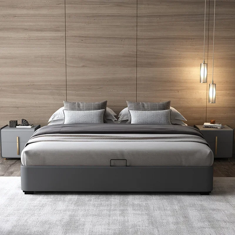 جلد محاكاة، حصير، سرير زفاف مزدوج بسيط وحديث من الشمال