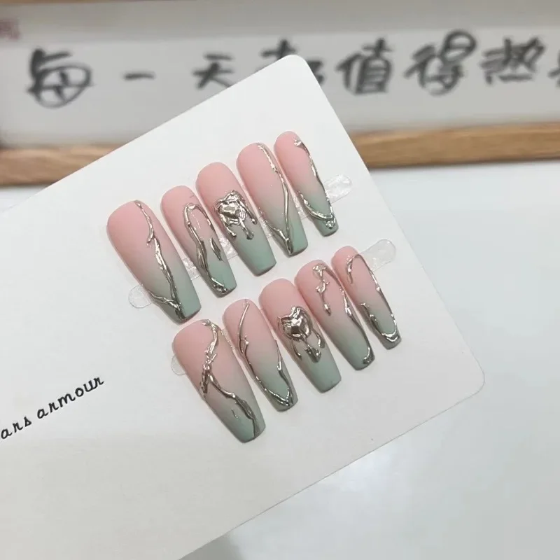 10Pcs /Set Full Cover False Nails Press on Nails Fake Nails Diy Pure Handmade Removable Gradual Magic Mirror Love