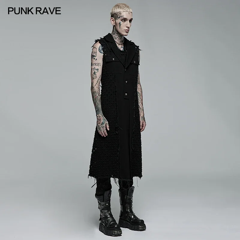 PUNK RAVE Men's Punk Old Medium Length Sleeveless Vest Non-elastic Woven Fashion Casual Handsome Men Jacket  Four Seasons