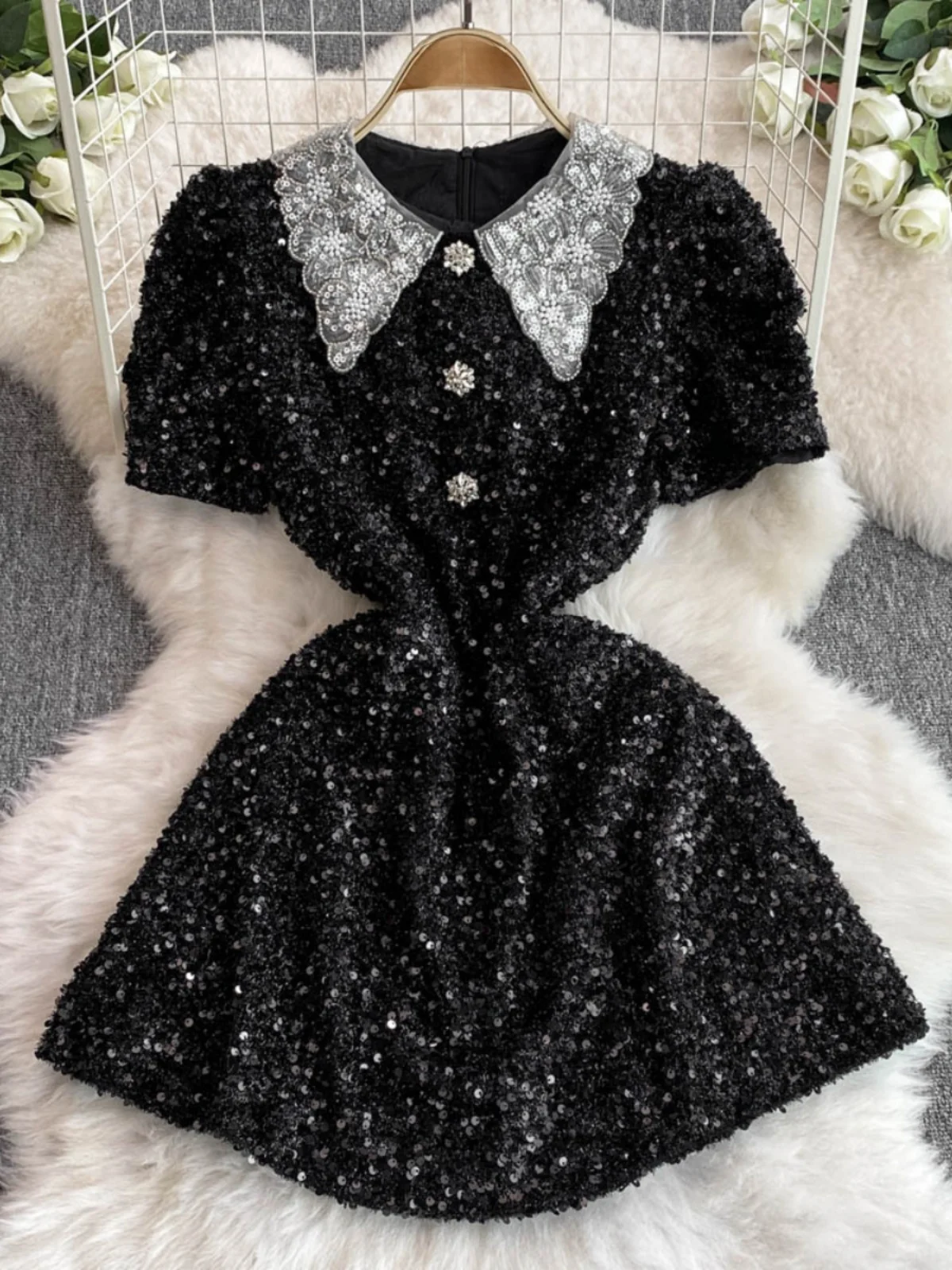 Retro Doll Collar iny Sequin Dr Women's Summer New Small Size Slim ort Sve A-Line Skirt High Waist Korean Sle