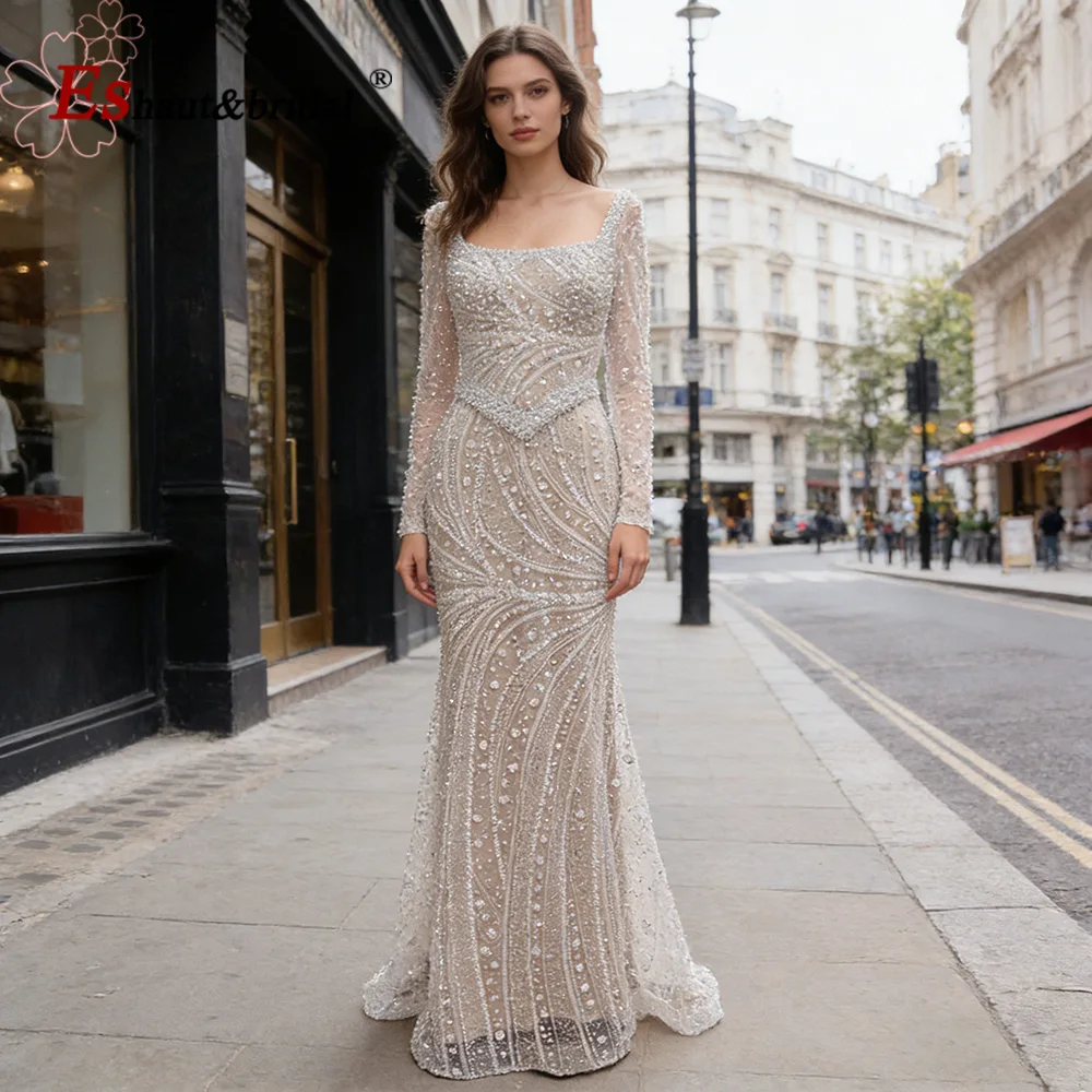 Luxuriöses Nude Meerjungfrauen-Abendkleid aus Dubai mit Perlen für Damen 2026 – Elegantes, perlenbesetztes, langes, formelles Ball- und Hochzeitskleid, maßgeschneidert