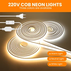 COB LED Neon Strip Light 220V With Switch EU Power Plug High Density 288LEDs/M IP65 Waterproof For Room Outdoor Garden Lighting