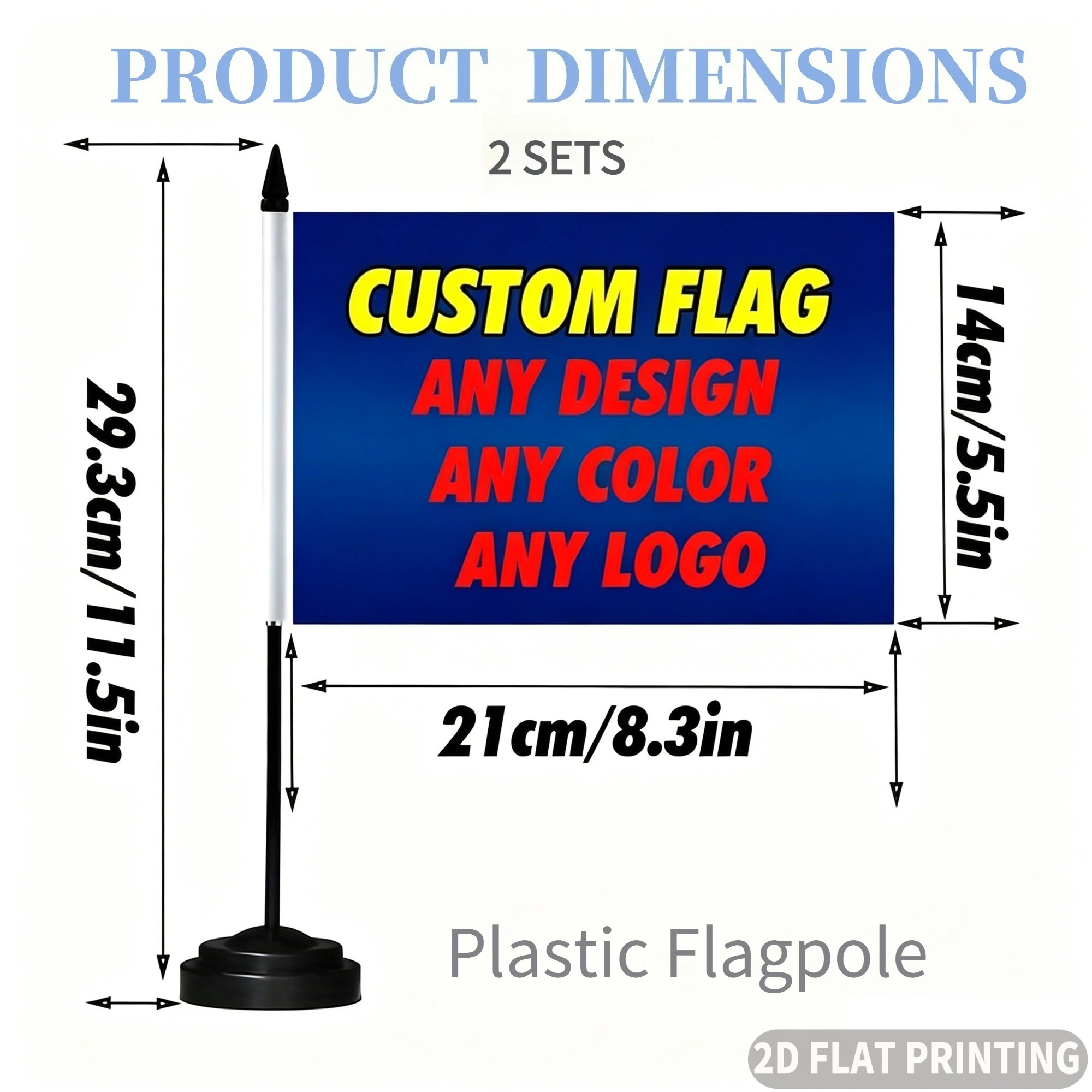 2 Sets Custom Desktop Office Flag Set, Solid Plastic/ Metal Flagpole (Single-Sided Printing), with Black Base/ Sliver Base view 2
