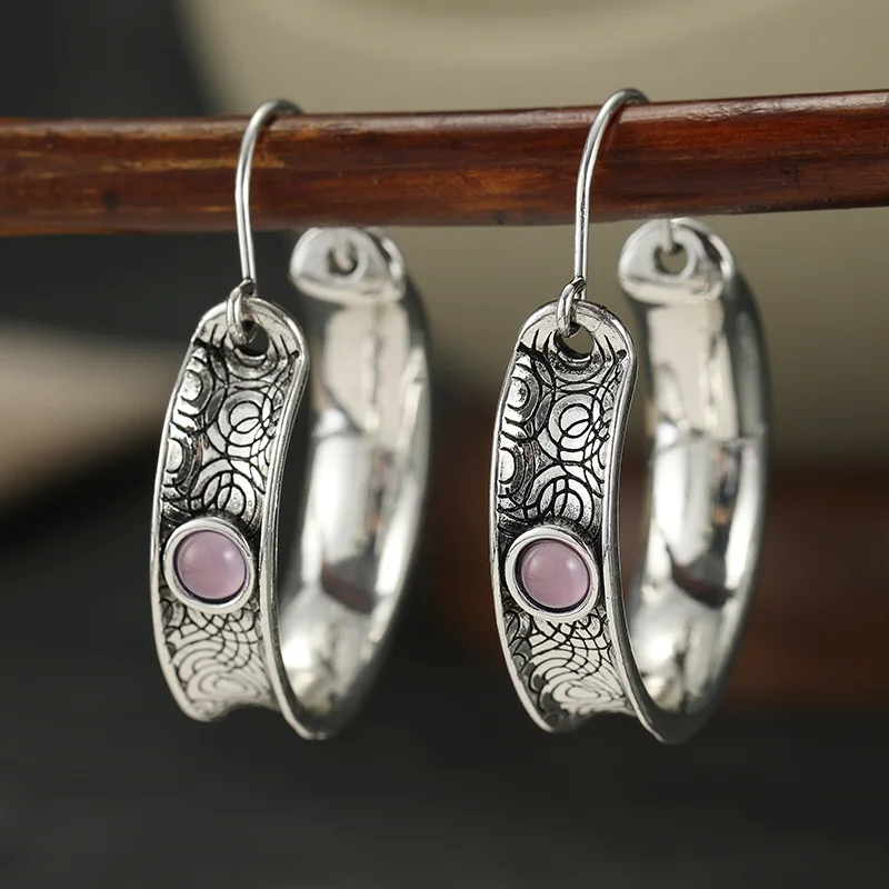 Ladies' Vintage Silver Color Hoop Earrings Rolled Grass Pattern Inlay Synthetic Zircon Bohemian Ear Buckle Accessory