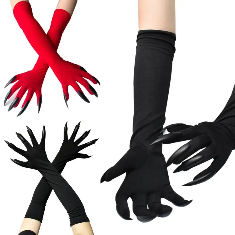 1Pair Halloween Cat Woman Paw Gloves With Long Fingernails And Claws Party Cosplay Costume Accessories