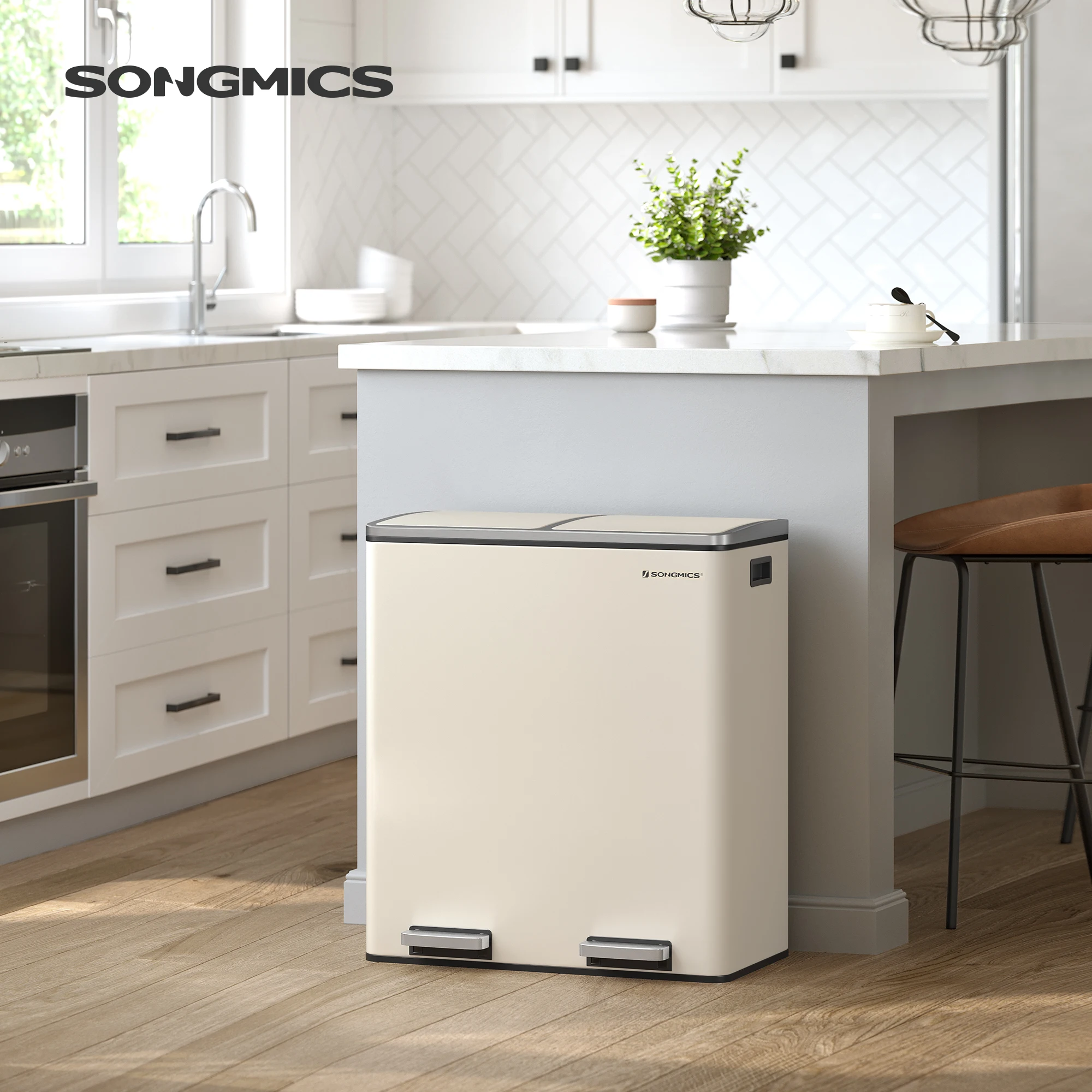 Songmics Prullenbak, 2X30 Liter, 2 Handventilator, Afvalscheidingssysteem, Pedaalemmer, Vuilnisbak Keuken, 15 Vuilniszakken, Metaal