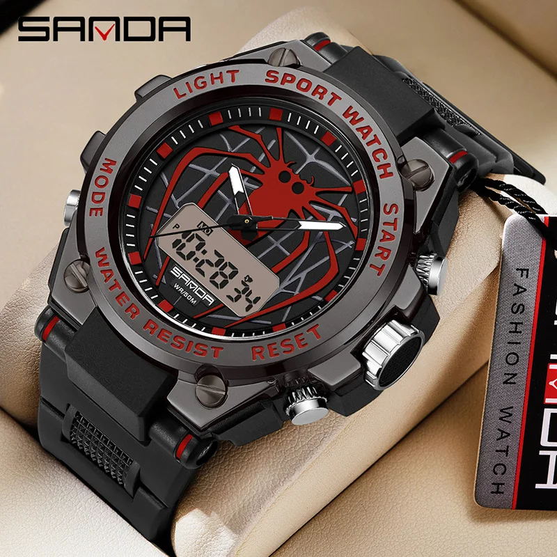 

SANDA Spider Men's Watch Waterproof, Luminous, Shockproof, and Anti Drop Dual Time Display Large Dial Student Electronic Watch