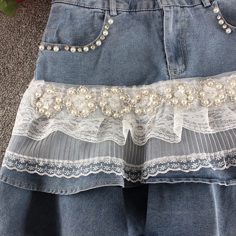 Heavy Embellished Diamond Sweet Lace Trim A-Line Half Skirt Women's High Waist Short Denim Skirt Korean Style Summer Fashion