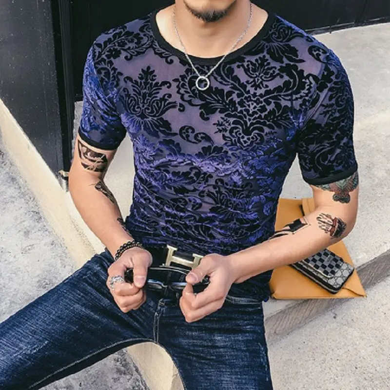 Jacquard Dragon Pattern T Shirt Homme Short Sleeve Men Clothes Summer Slim Quality Velvet Hollow Casual Tees Camisetas De Hombre