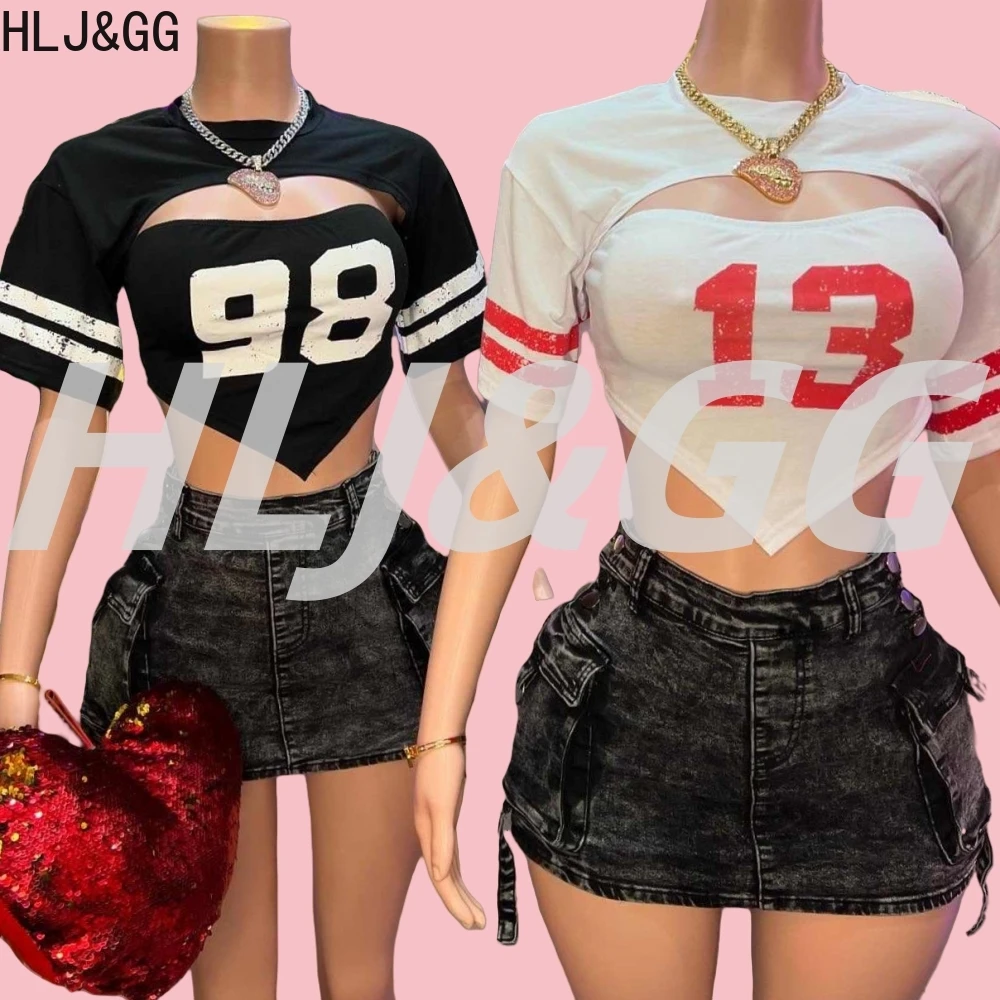 

HLJ&GG Fashion Hollow Out Letter Print Two Piece Sets Women Round Neck Short Sleeve Top And Denim Mini Skirts Outfits Streetwear