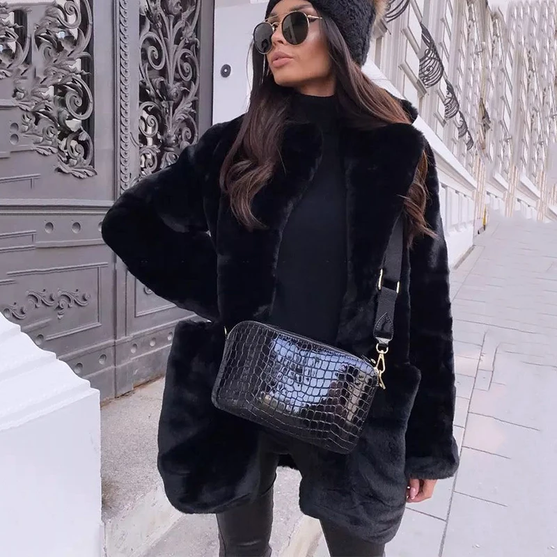 2024 New Solid Plush Faux Rabbit Fur Jacket Coat Women Winter Thicken Warm Overcoats Chic Girls Long Lapel Collar Fake Fur Coats