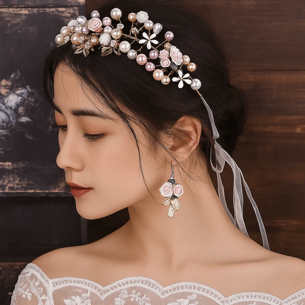 رائعة سبائك زهرة تاج الذهب اللون الشعر هوب الأميرة التيجان الكورية نمط أقراط مجوهرات الزفاف الفتيات