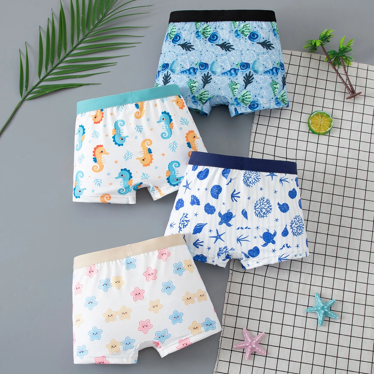 4-Piece Set Of Children's Flat Shorts For All Seasons Sporty And Comfortable Four Cornered Shorts For Cars Dinosaurs Casual Home