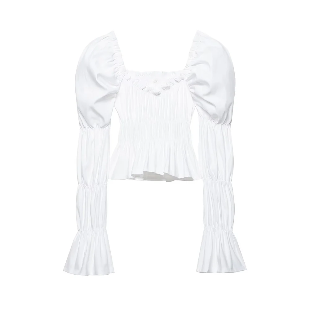 

WOMAN 2026 Summer New Fashion Pleated Puff-Sleeve Blouses Vintage Long Sleeve All-match Casual Female Shirts Blusas Chic Tops