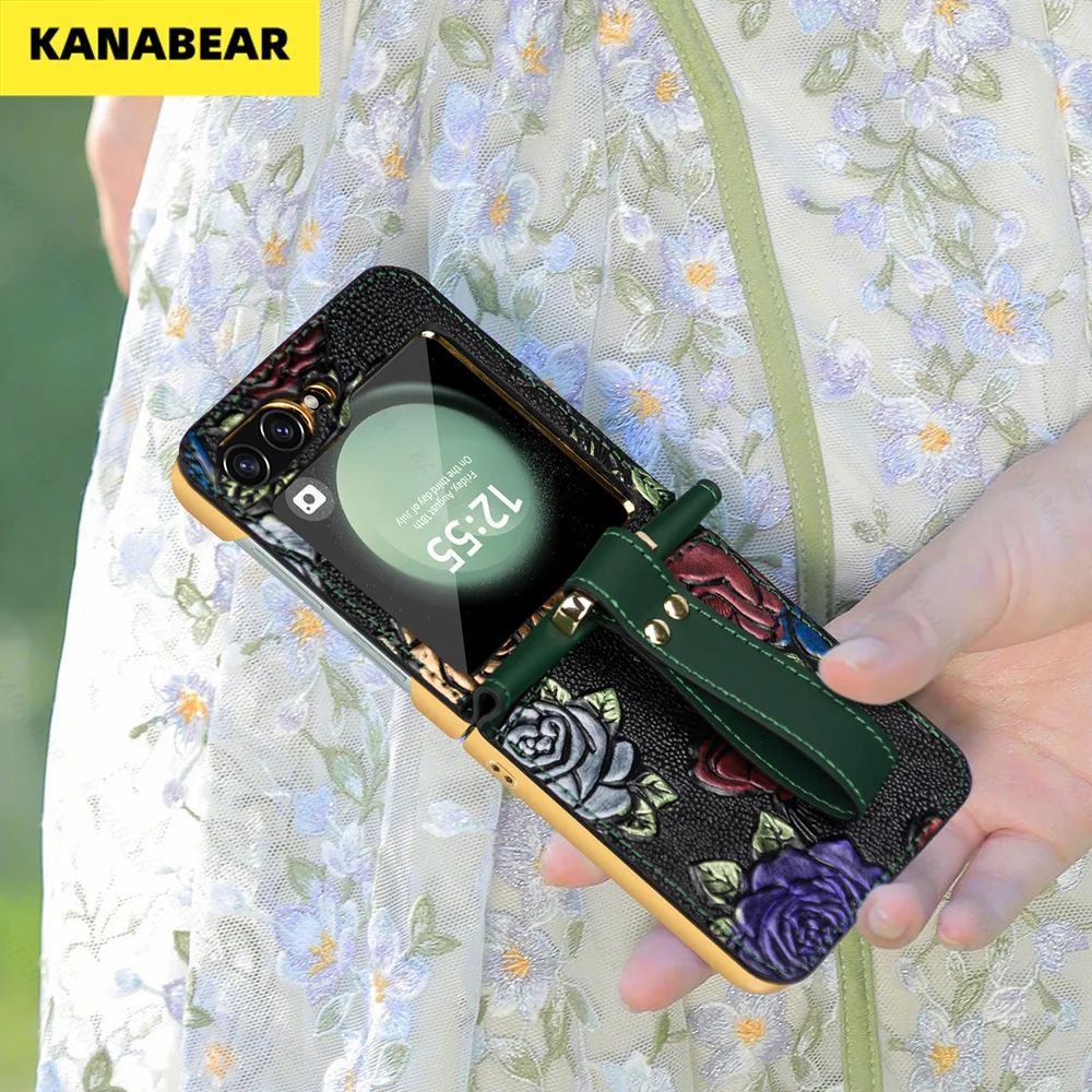 

Shockproof Durable Case for Samsung Flip6/Flip5 - Embossed Painted, Wrist Strap & 2-in-1 Case & Film for Galaxy Z Flip Series