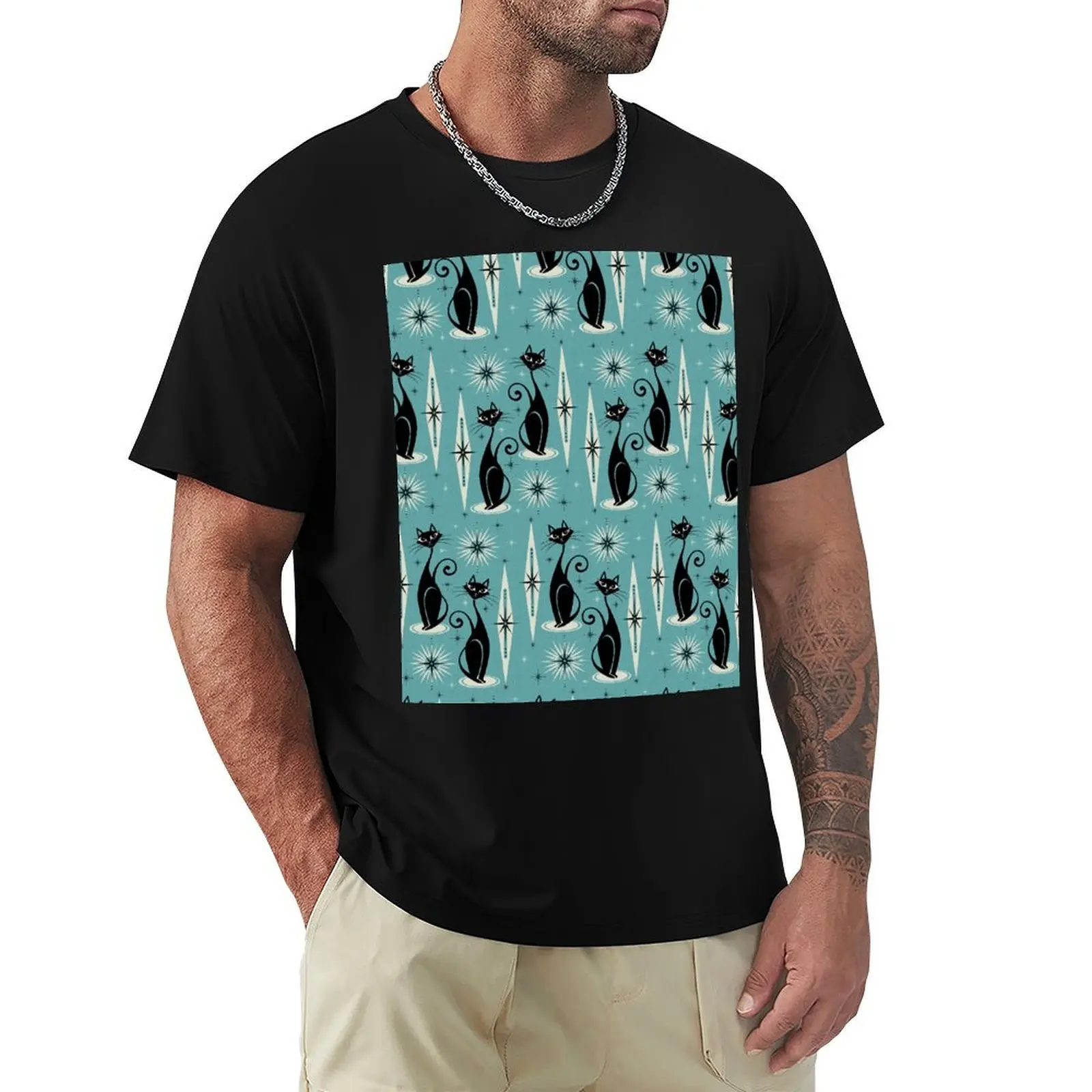 

Mid Century Meow on Blue T-Shirt anime tshirt tshirts personalised cheap stuff men tshirt