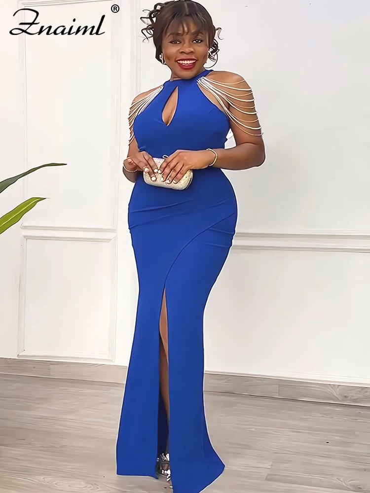 

Znaiml Luxury Pearls Beading Off Shoulder Sleeveless High Slit Bodycon Evening Party Mermaid Long Dress Women Blue Slim Vestidos