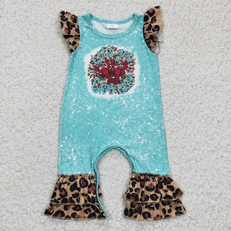 

Wholesale Newborn Let's Get Cray fish Summer Romper Baby Girl Short Sleeves Blue Ruffle Leopard Jumpsuit Kids Toddler One-piece