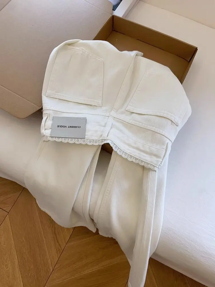Witte Kant Getrimd Hoge Taille Jeans Voor Vrouwen 2023 Herfst Losse Casual Wijde Pijpen Denim Broek Verontruste Rechte Jean broek