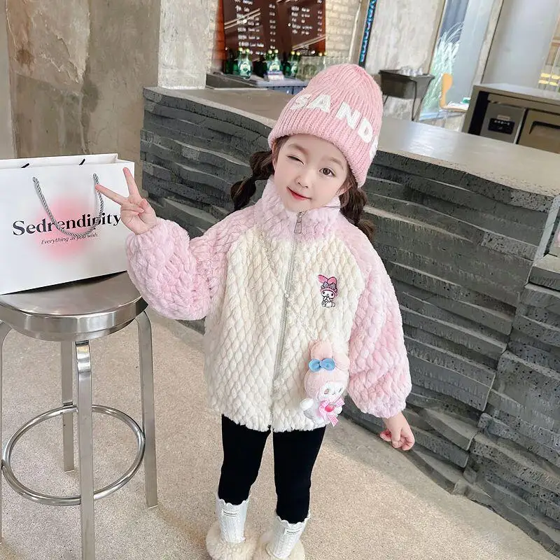 

Горячее пальто Sanrio Y2K для девочек My Melody Kawaii, зимняя теплая студенческая куртка из кораллового флиса, топы, детская одежда, новый стиль