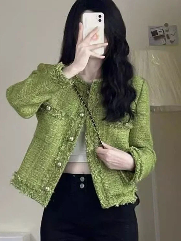 Women's 2025 New Autumn Winter New Small Fragrant Style Short Coat Korean Version Versatile and High-end Green Color