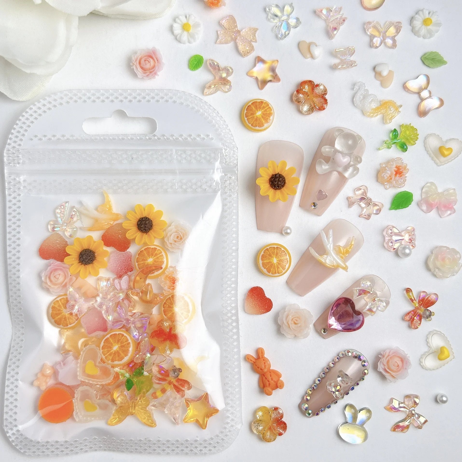 60 pz creativo fondente cuore libellula arancione resina pendenti per unghie stella trasparente farfalla fiore misto decorazioni per unghie fai da te