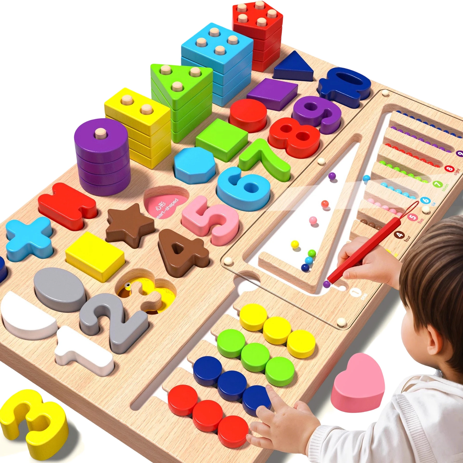 Wooden Multifunctional Intelligence Busy Board Toy, Geometric Puzzle, Number Color Recognition, Montessori Gift for Kids