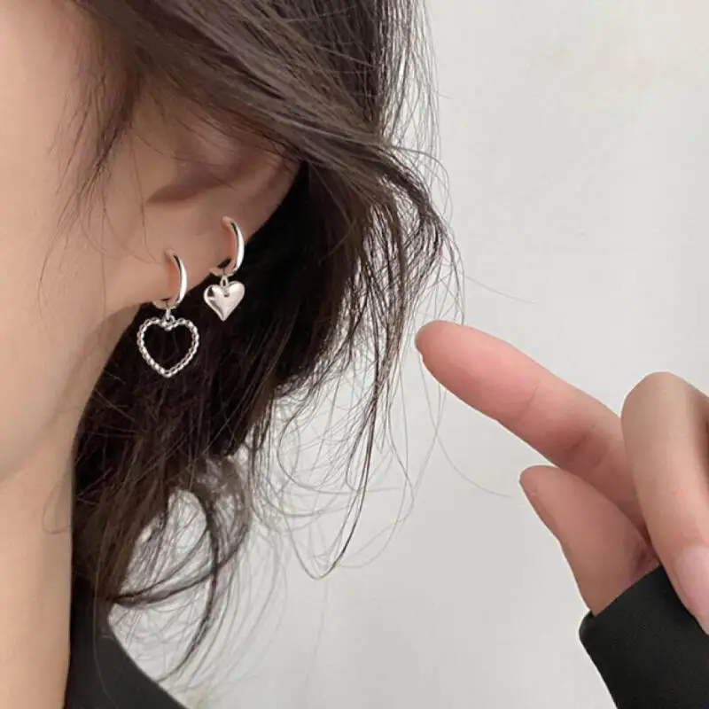 Women Silvery Asymmetric Earrings Hollow Out Heart Shaped Jewelry Sweet Unique Accessories For Daily Wear