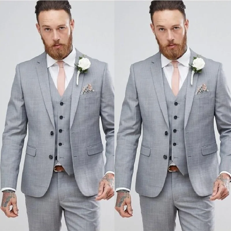 

2022 Tailor-Made Light Grey Men Suits 3 Pcs Notch Lapel Fashion Groom Wedding Terno Masculino Slim Fit Blazer Jacket+Pants+Vest