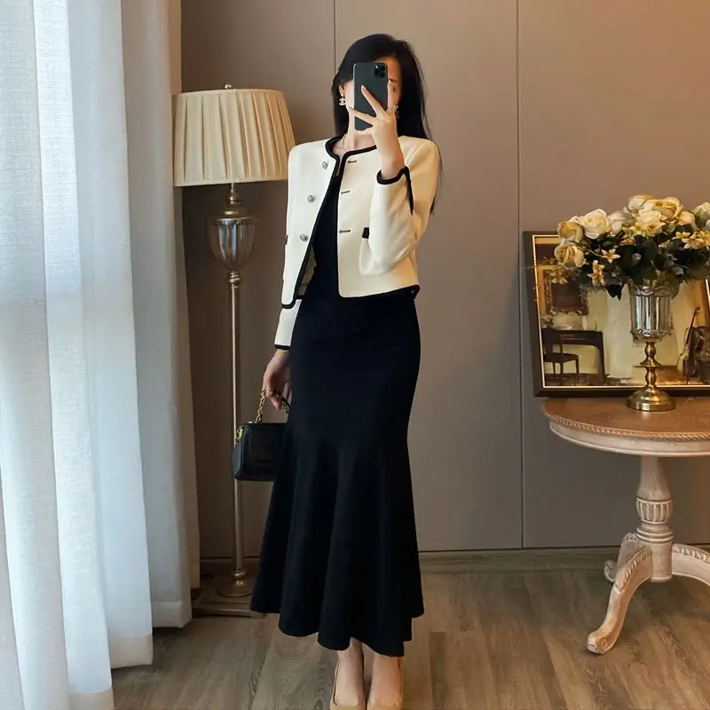 Women's French Graceful Spring Autumn Coat Mermaid Dress Two Piece Set Lady Slim Jackets Black Dresses Outfits 2024 New Clothing