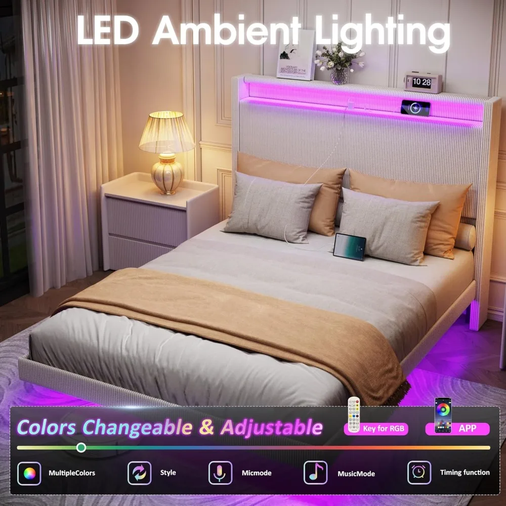 Cama flutuante com plataforma de metal com estação de carregamento, luzes LED, veludo cotelê confortável, cabeceira alta, estrutura de cama queen